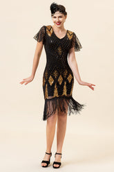 Schwarz und Golden Pailletten Fransen 1920er Jahre Gatsby Kleid mit 20er Jahre Accessoires Set